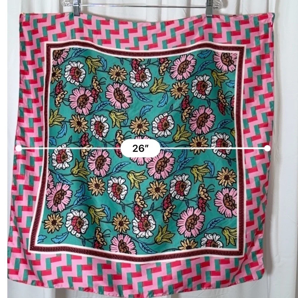 Zara Floral Geometric Square Scarf Pink Teal Green Silk Feel Neckerchief 26x28.5